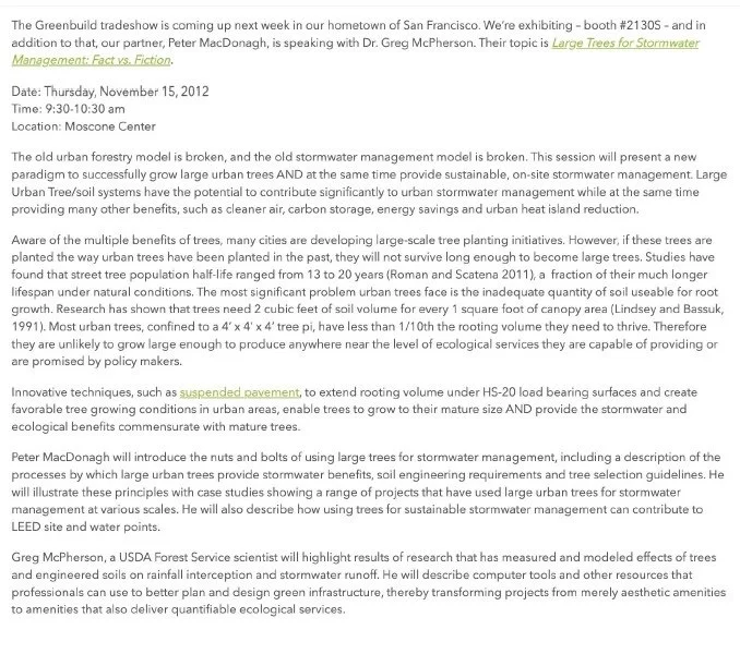 Text-based informational slide about urban forestry and stormwater management in San Francisco, including event details, date, location, and topics discussed.