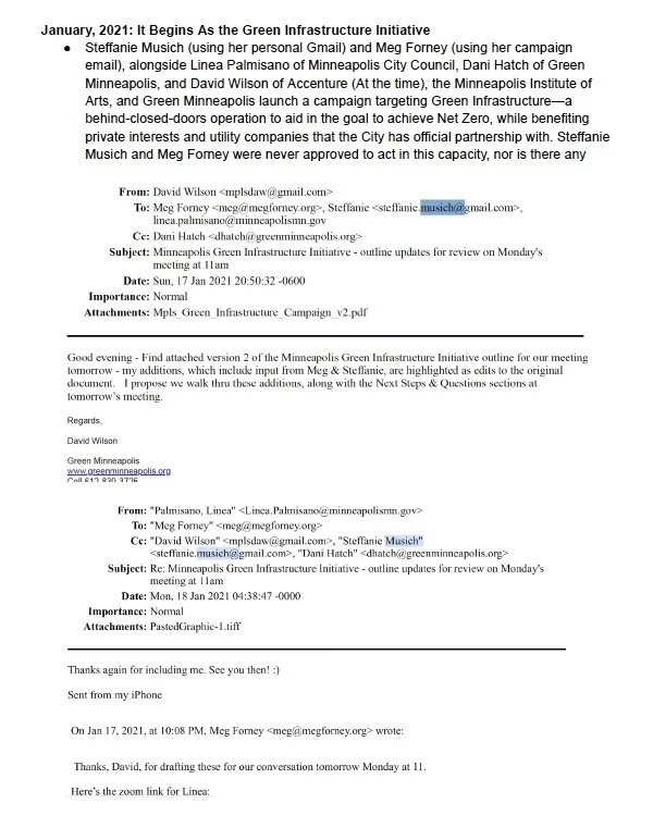 Screenshot of email correspondence discussing the Green Infrastructure Initiative in Minneapolis, including names and dates from January 17, 2021.