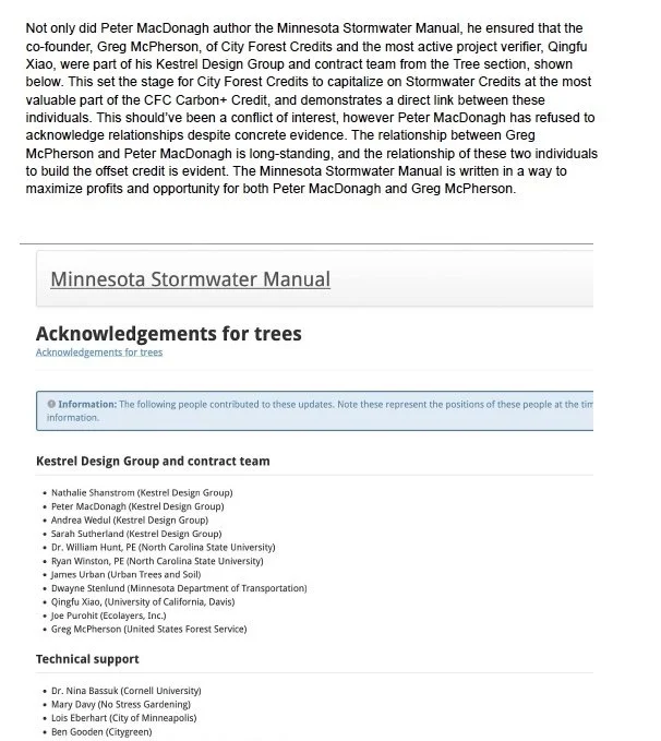 A screenshot of a document titled 'Minnesota Stormwater Manual,' containing acknowledgments for contributors to the manual, including members of the Kestrel Design Group and contract team, along with technical support staff. The document lists individuals and their affiliations, acknowledging their contributions.