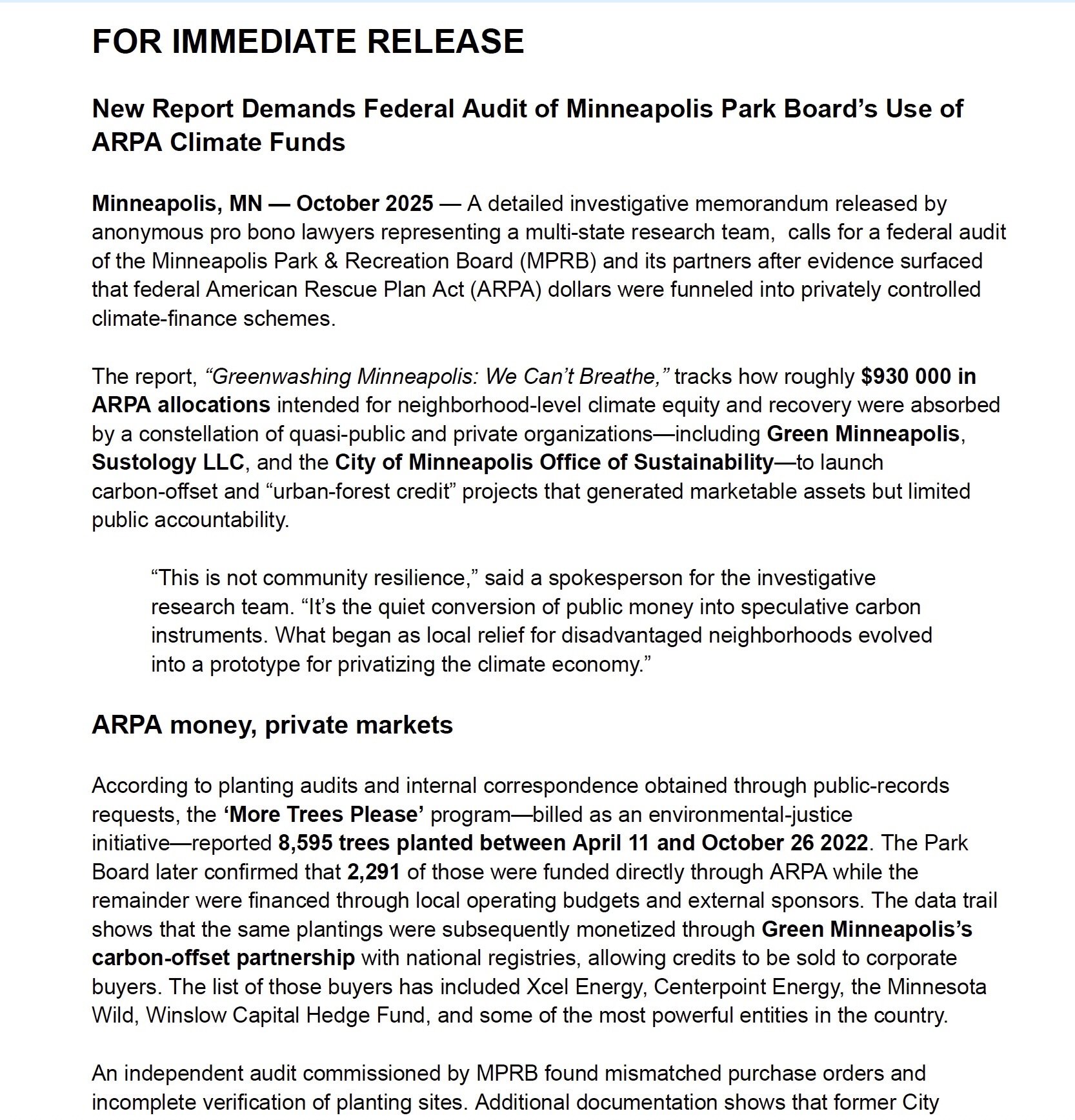 Press release titled 'FOR IMMEDIATE RELEASE' about a report demanding federal audit of Minneapolis Park's use of ARPA funds, mentioning $930,000 allocated to green projects, community resilience, and tree planting data with dates and financial details.