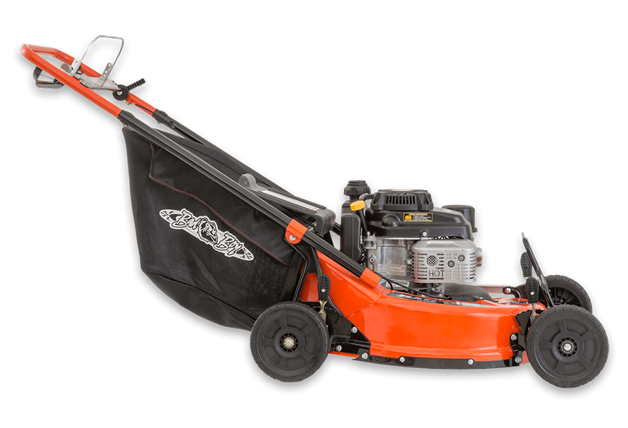 Red and black gas-powered walk-behind lawn mower with a cutting deck and handlebar.