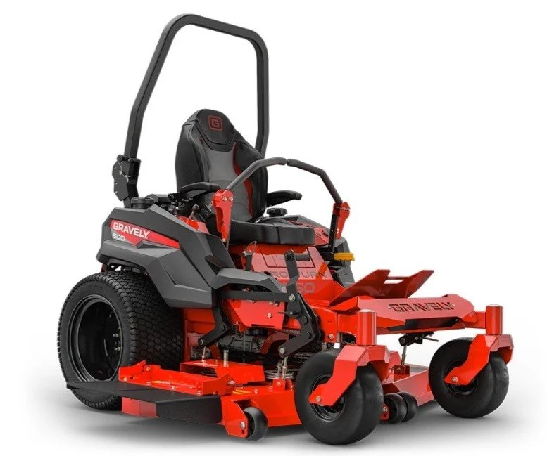 Red and black zero-turn lawn mower with a seat, steering arms, and large rear tires, branded Gravely.