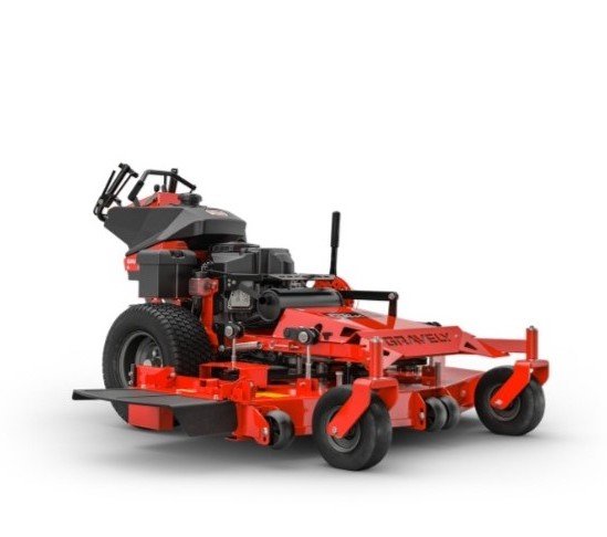 Red and black zero-turn commercial riding lawn mower with large cutting deck and adjustable steering controls.