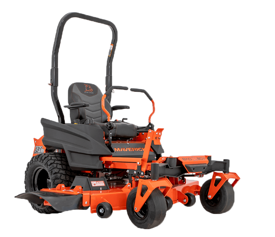 A robotic lawn mower with a black and orange color scheme, seating space, and multiple wheels for turf maintenance.