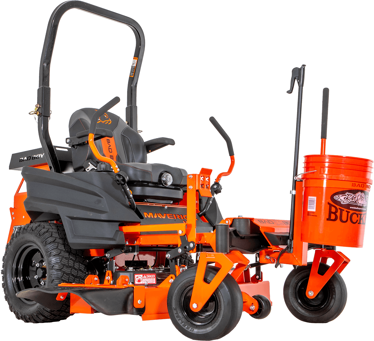 An orange and black riding lawn mower with a mounted orange bucket labeled Buckeye.