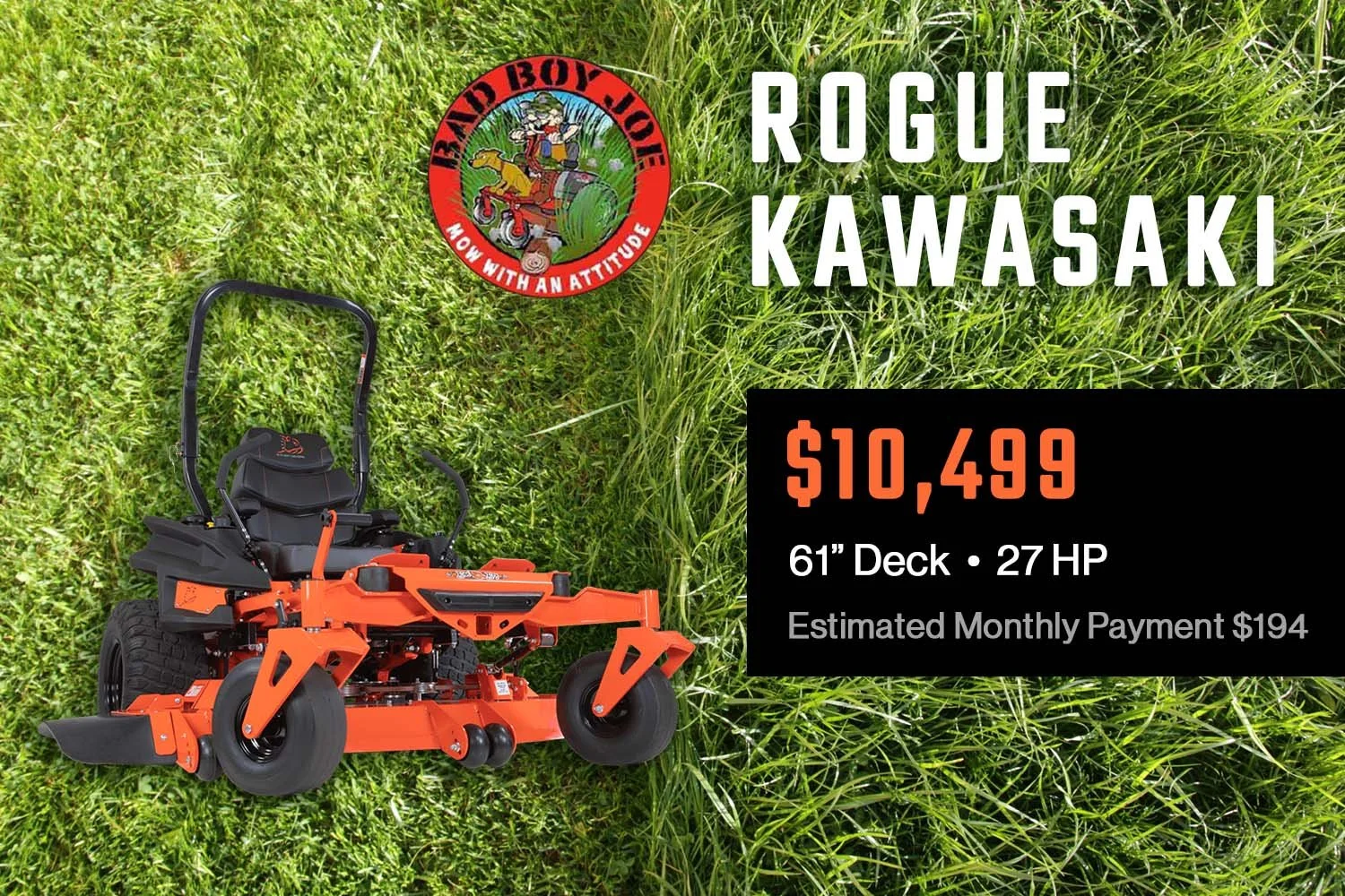 Advertising graphic for a Rogue Kawasaki mower, priced at $10,499. Features a 61-inch deck and 27 horsepower, with an estimated monthly payment of $194. The background is a green grass field, with the Rogue Kawasaki logo at the top left corner.