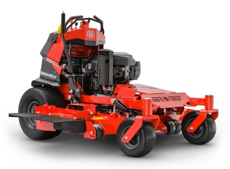 Red commercial-grade zero-turn lawn mower with black engine, large rear wheels, and a cutting deck, branded as Gravely.