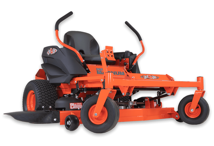 An orange commercial riding lawn mower with a black seat and black protective covers, showing large rear and small front wheels, against a black background.