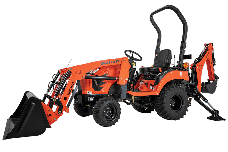 Orange compact tractor with front loader and backhoe attachment.
