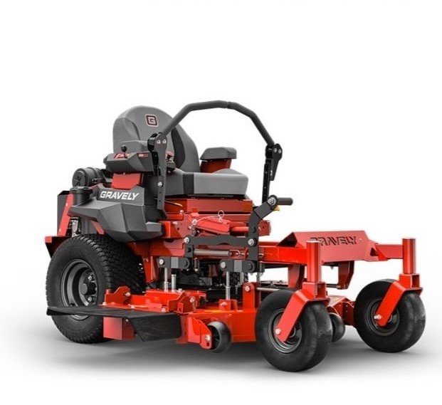 Red professional zero-turn lawn mower with a black seat and steering controls, branded Gravely.