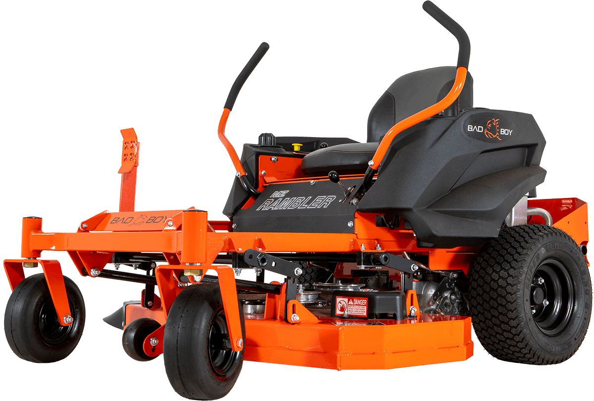 Orange and black commercial-grade zero-turn lawn mower with large rear wheels, smaller front wheels, and a black seat, labeled 'BAD BOY RANGER'.