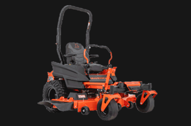 A zero-turn commercial mower with orange and black coloring, featuring a padded seat, steering bars, and large rear tires.