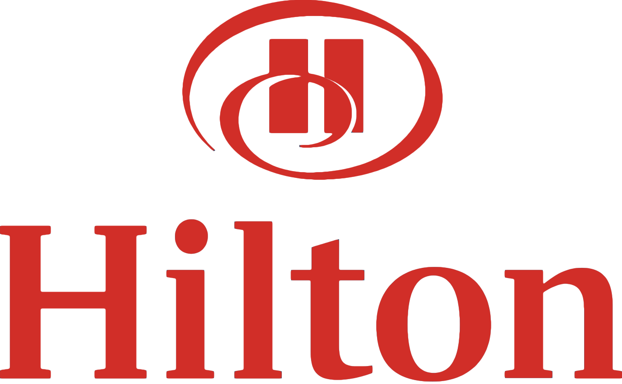 Hilton logo with a red circular emblem above the word 'Hilton' in red text.