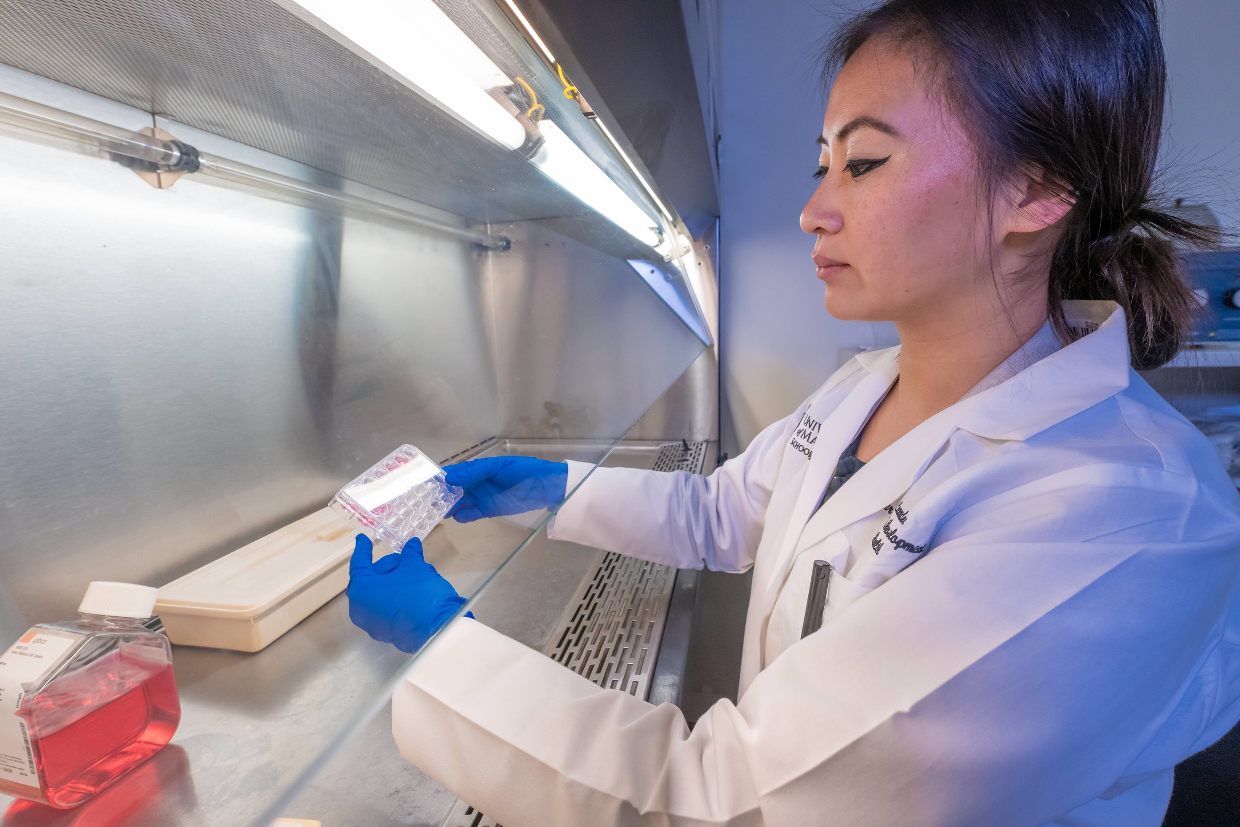 A female scientist in a white lab coat and blue gloves working in a laboratory, handling a small clear tray with multiple tubes or wells inside a biosafety cabinet.