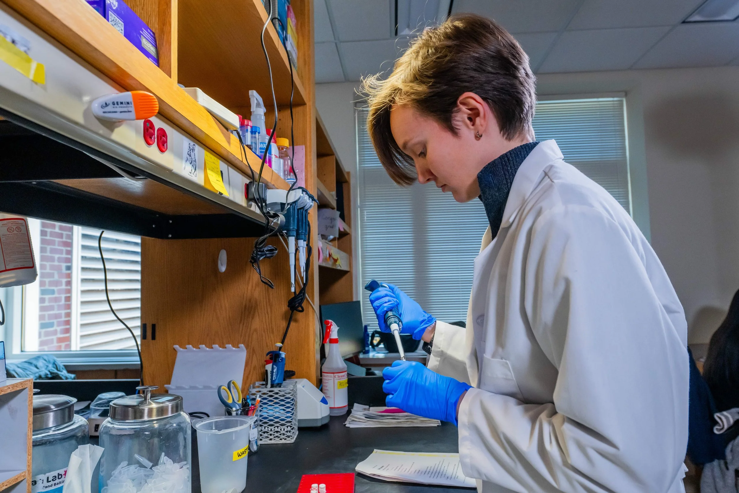 A scientist wearing a lab coat and blue gloves working with a pipette in a laboratory.