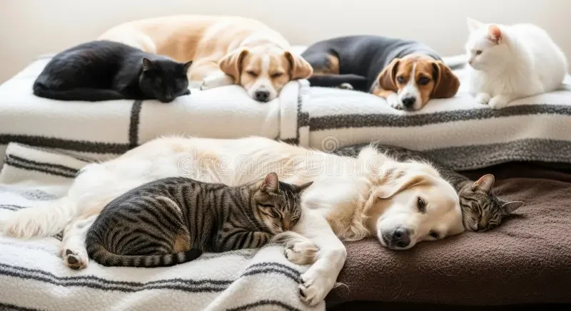Multiple dogs and cats sleeping together on a couch and blanket.