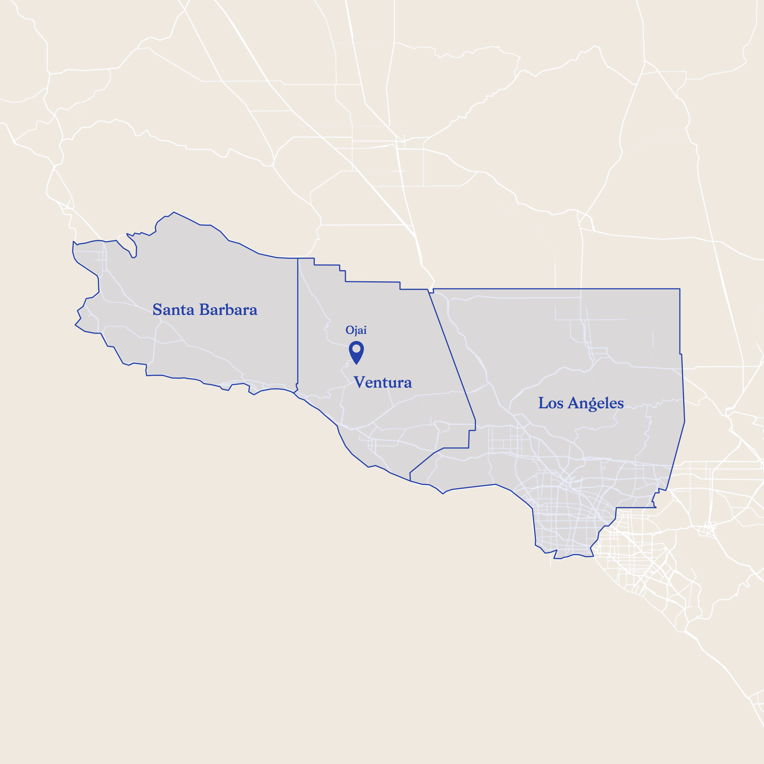 Map highlighting the counties of Santa Barbara, Ventura, and Los Angeles in California, with the city of Oxnard marked in Ventura County.