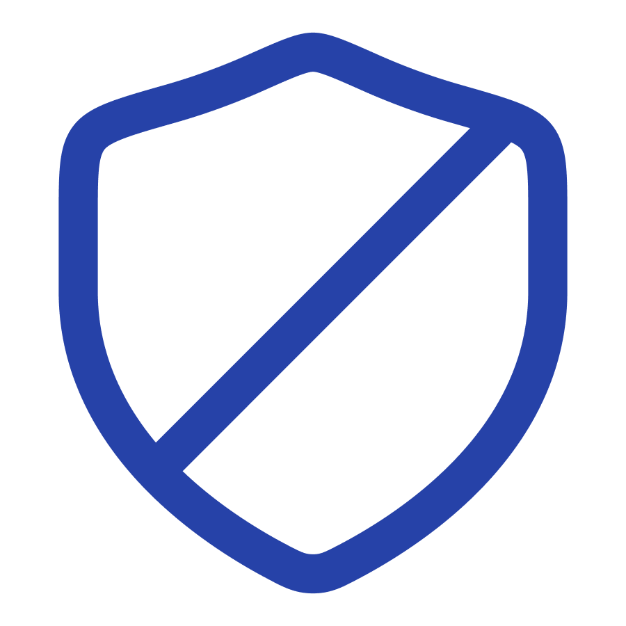 Blue shield icon with a diagonal line through the middle, representing protection or security.