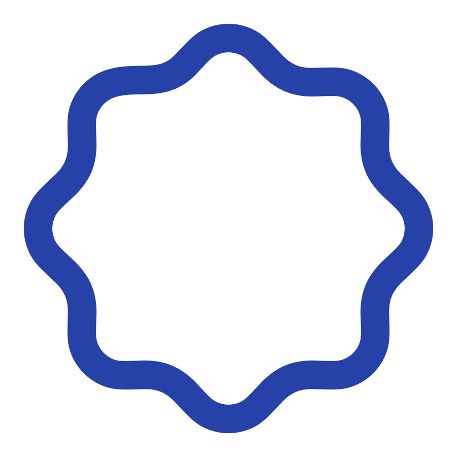 A blue star-shaped badge outline with a scalloped edge.