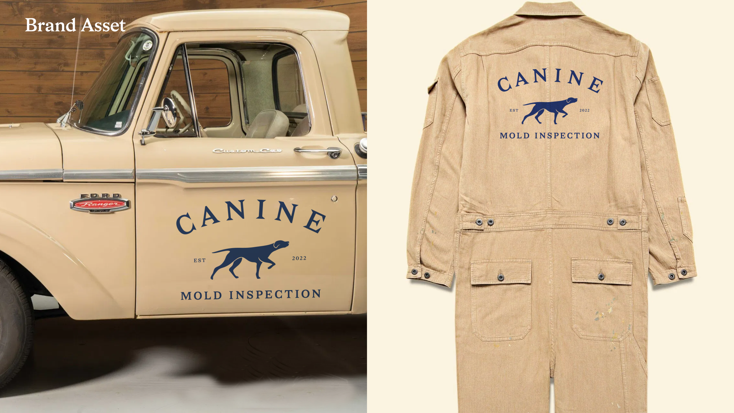A vintage beige truck with a 'Canine Mold Inspection' logo and a leaping dog graphic on the door, shown next to a beige jumpsuit with the same logo and graphic, both items indicating a brand related to dog mold inspection.