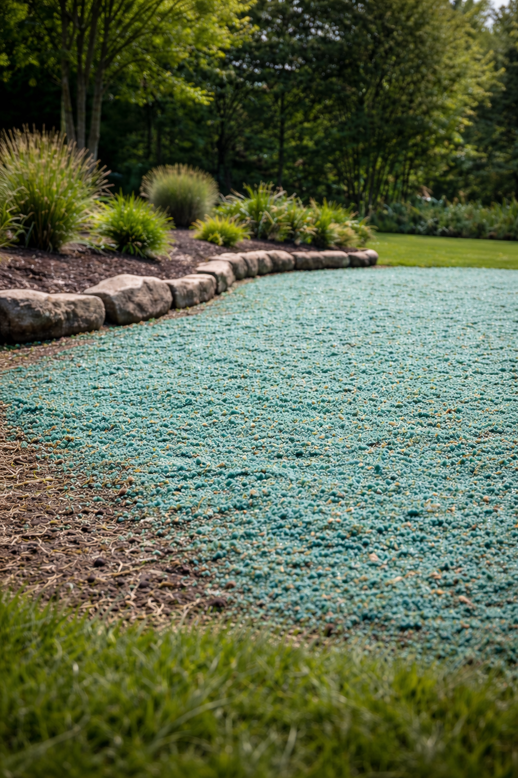 Backyard hydroseeded next to a gravel pathway, decorative plants, and a stone border, surrounded by lush green trees.