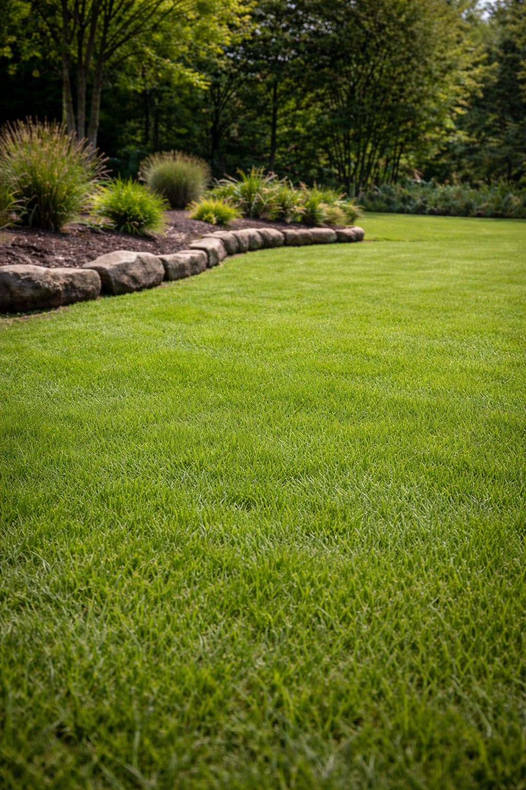 A well-maintained lush green lawn with a garden bed bordered by large rocks, containing various plants and trees in a backyard setting.