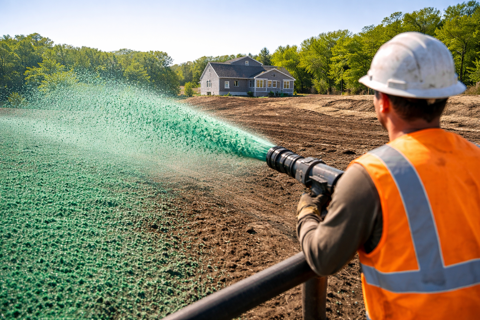 A construction worker wearing a hard hat and orange safety vest uses a hose to apply hydromulch on a dirt construction site.