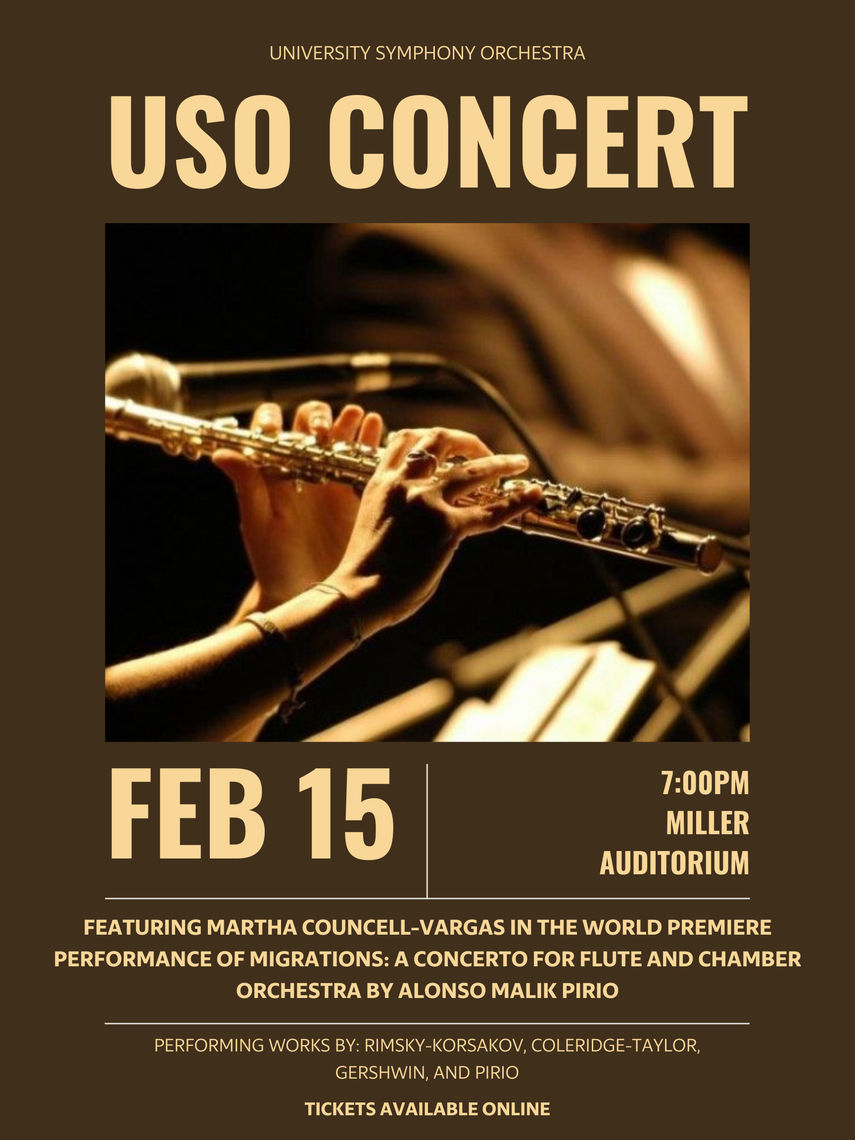University Symphony Orchestra World Premiere Flute Concerto Poster.