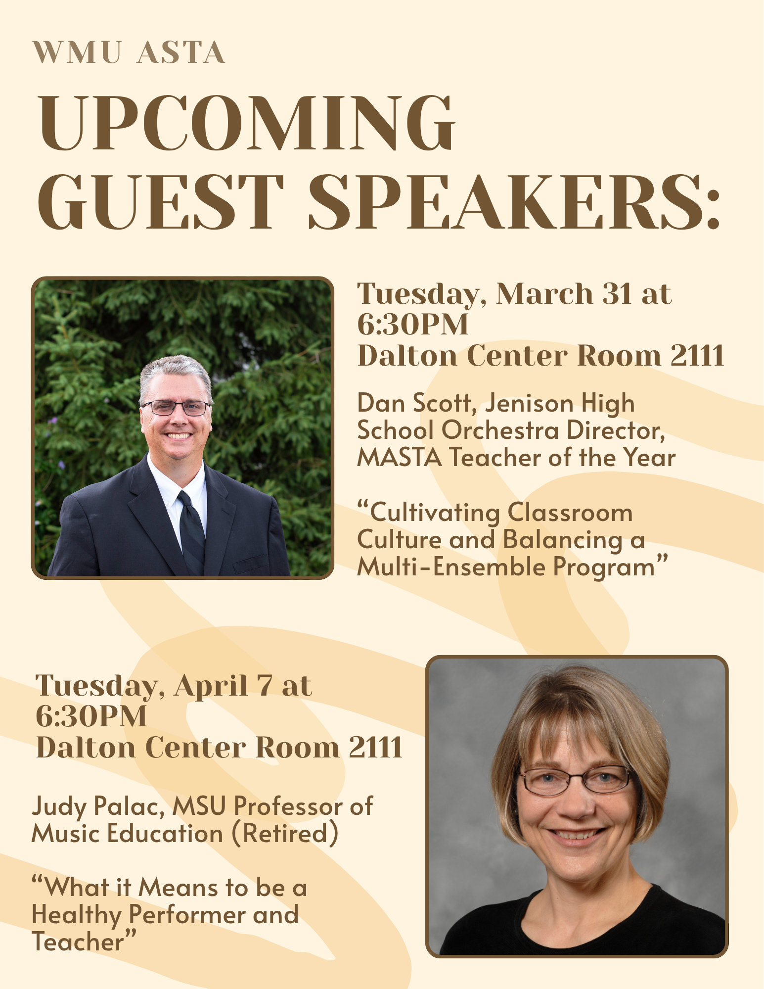 Poster graphic promoting upcoming ASTA guest speakers Dan Scott and Judy Palac.