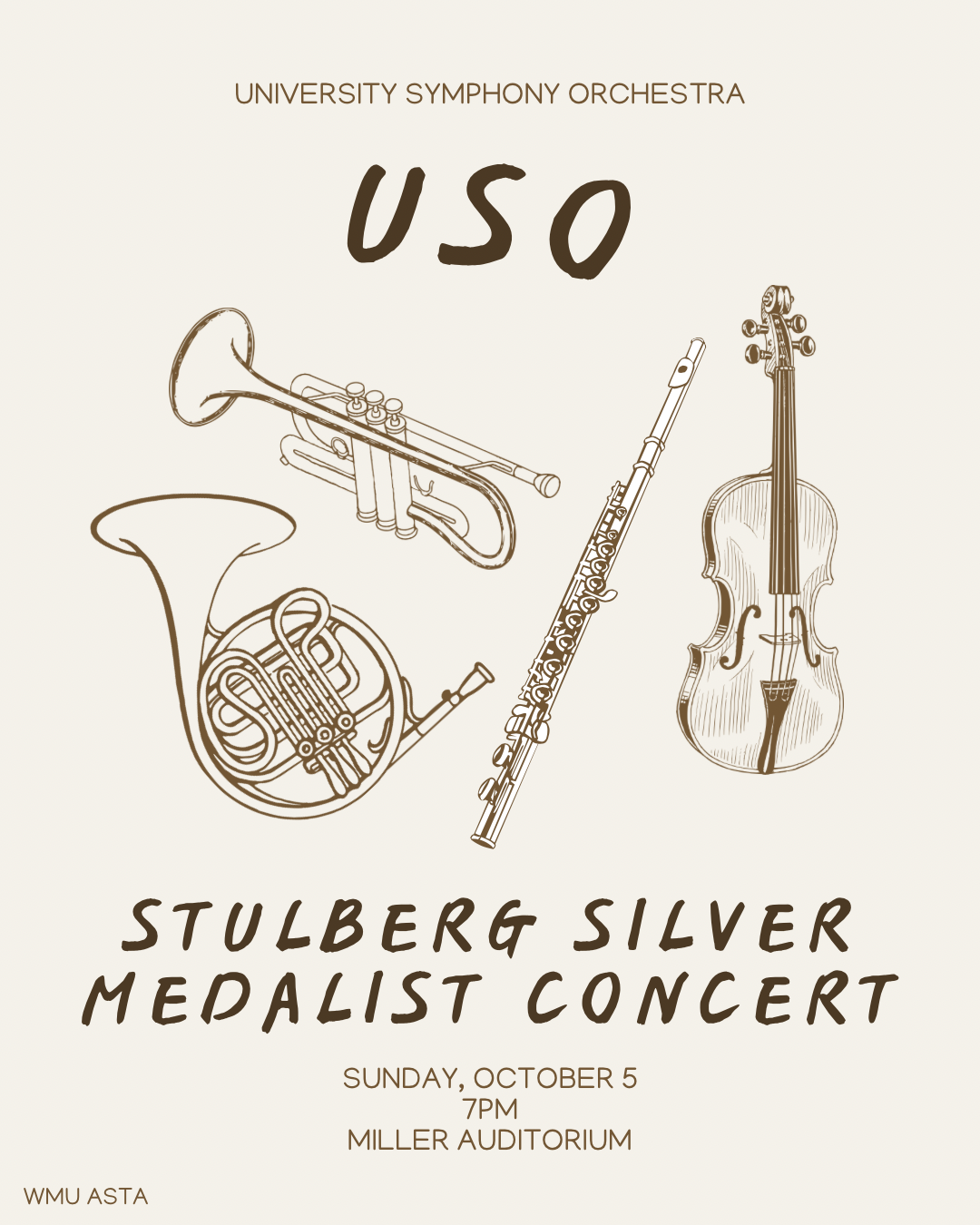 University Symphony Orchestra promotional poster featuring the Stulberg International String Competition Silver Medalist. 