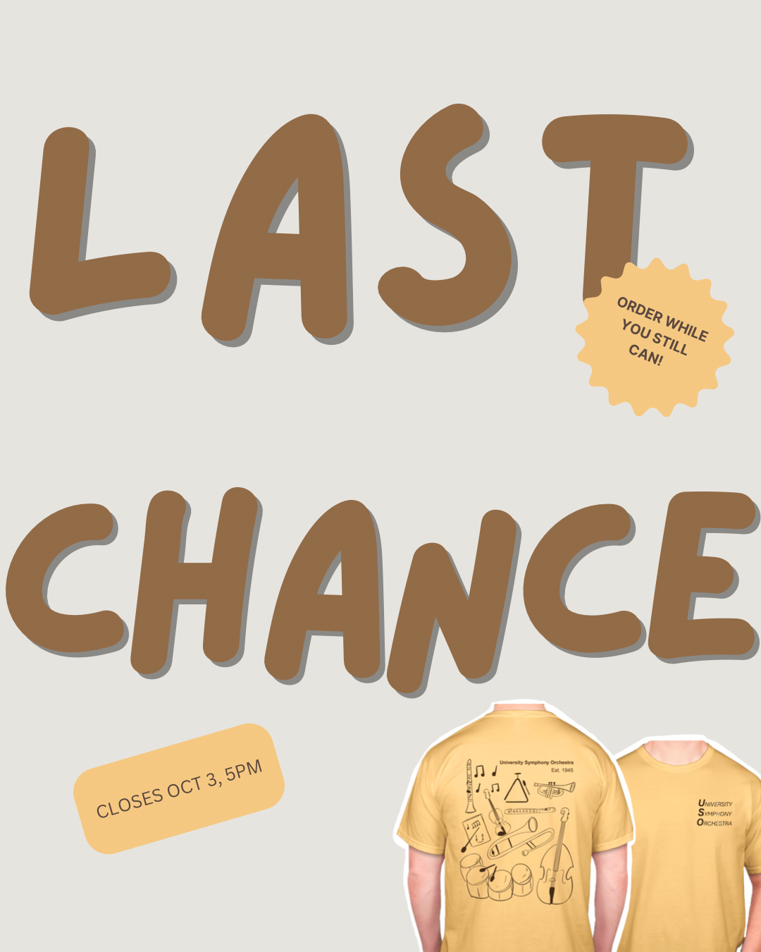 University Symphony Orchestra T-Shirt pre-sale reminder Instagram post.