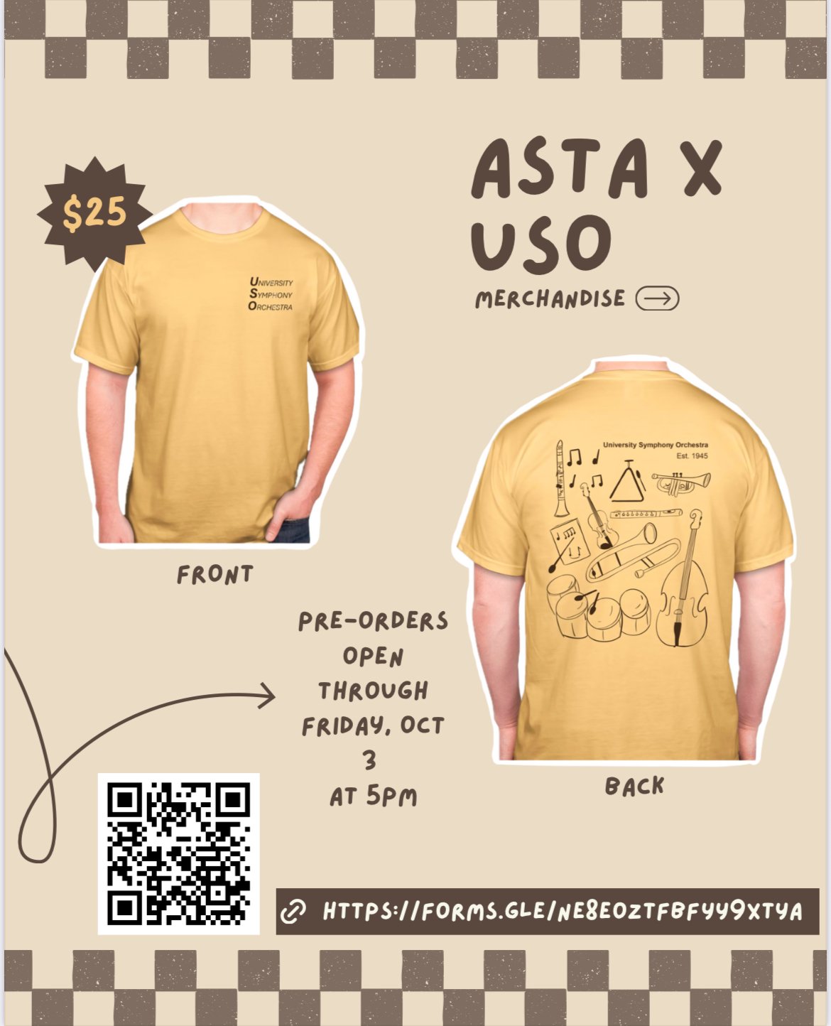 University Symphony Orchestra T-Shirt promotional poster. Pre-order access via the QR code. We received 33 pre-orders.