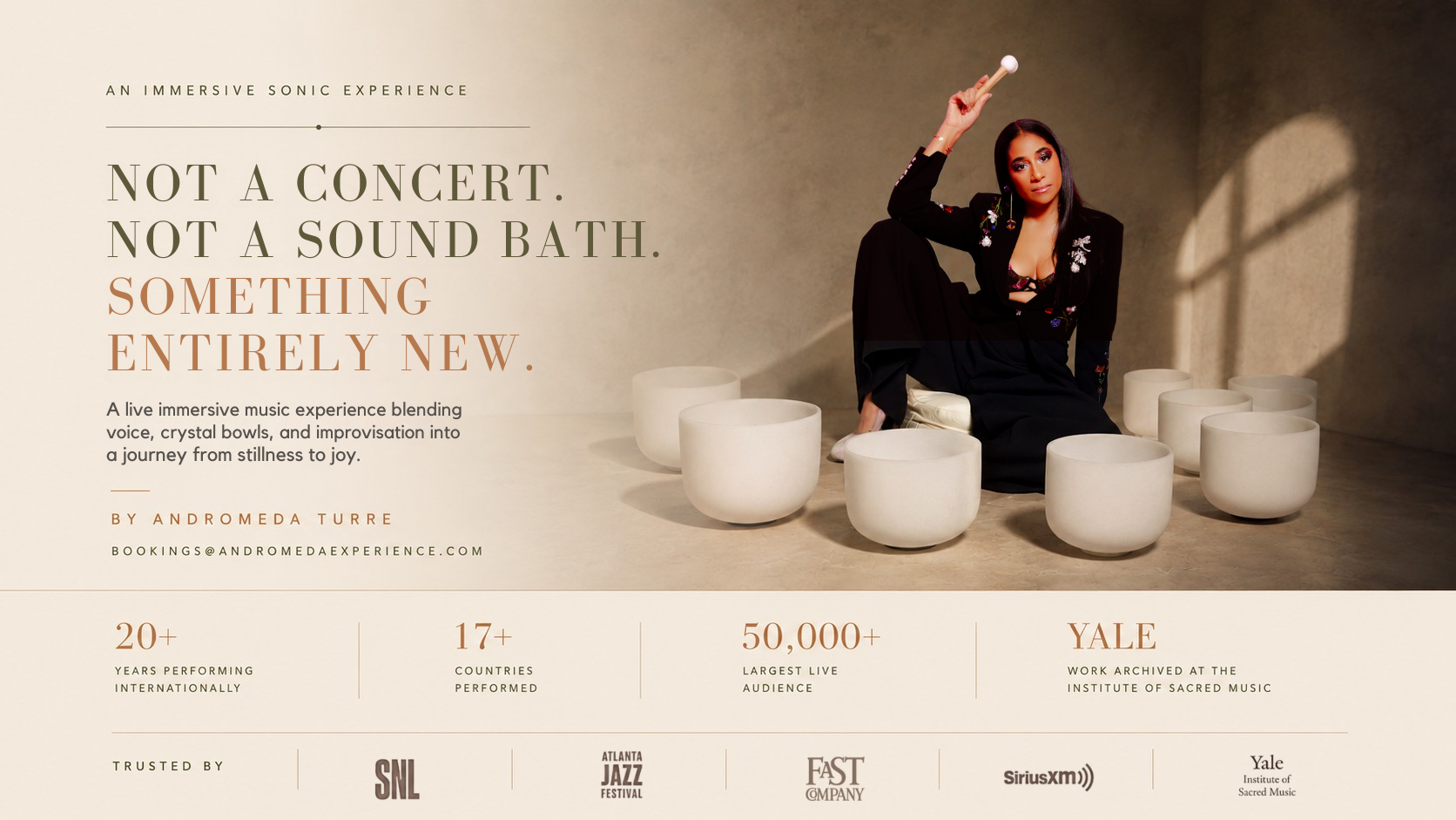 Andromeda Turre performing LISTEN, an immersive sonic experience featuring crystal singing bowls, voice, and original music.