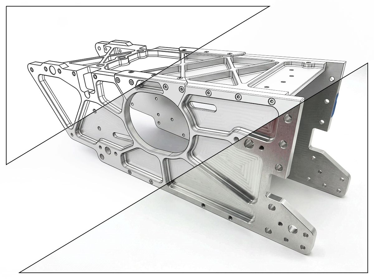 CAD drawing, CAD render and the CNC final piece