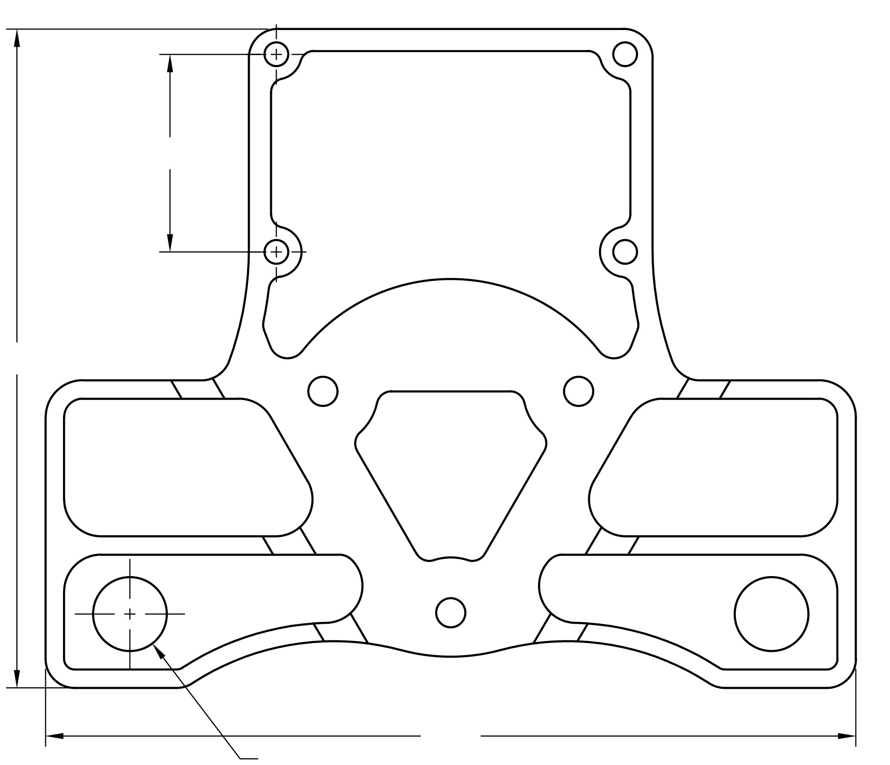 Technical drawing of a mechanical part with various holes and cutouts, including dimensions and annotations.