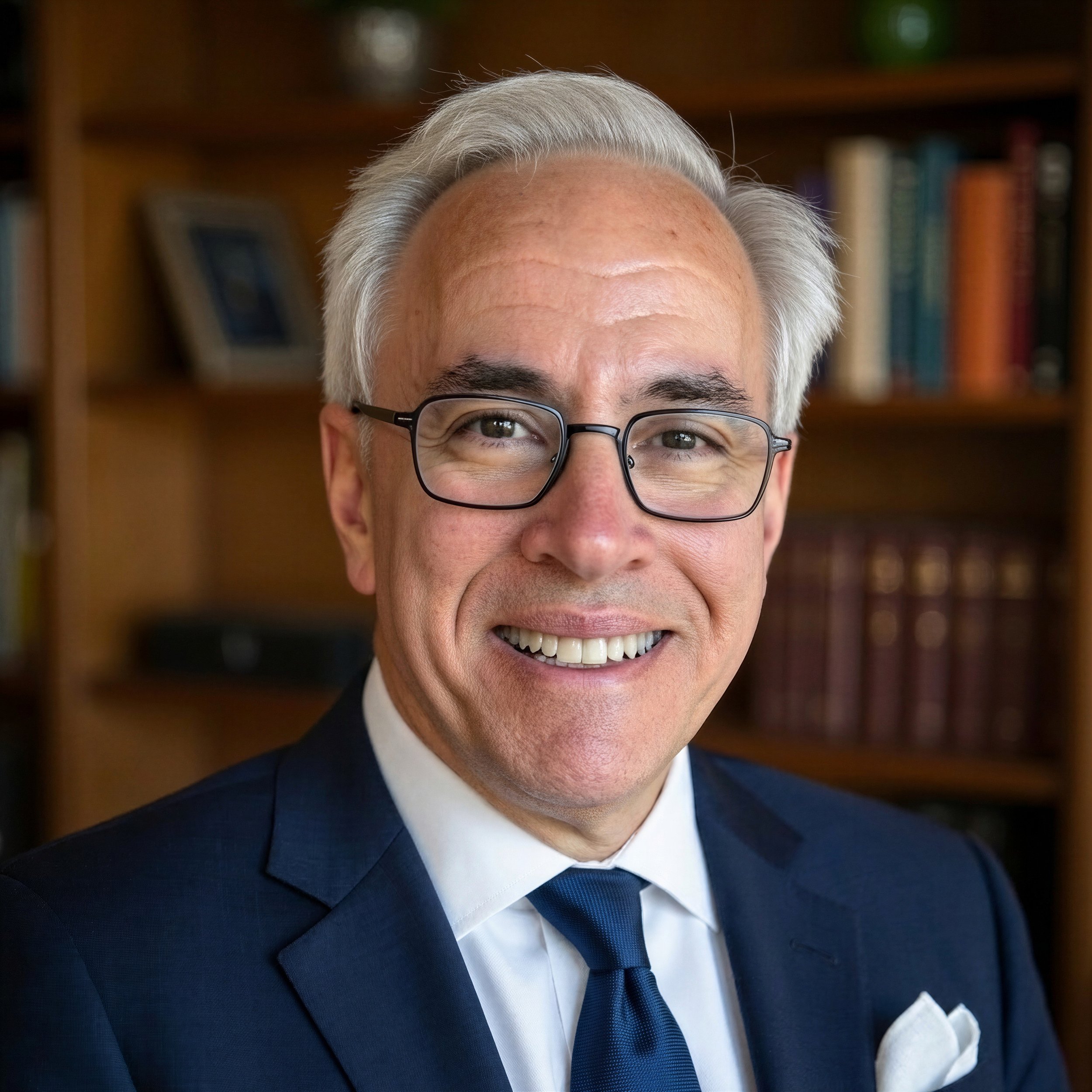 A smiling older man with gray hair and glasses, wearing a navy suit and tie, standing indoors with a wooden bookshelf in the background.