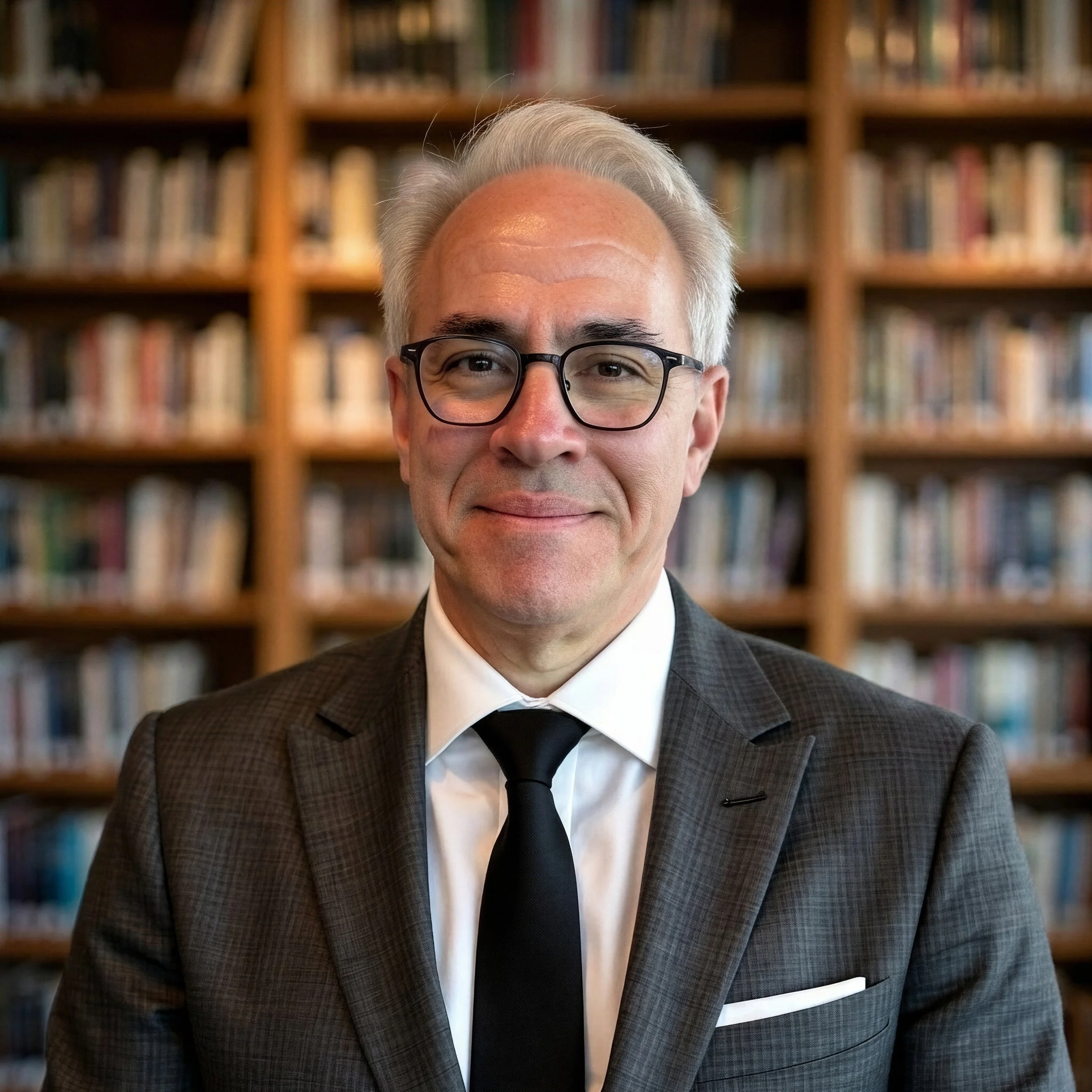 A middle-aged man with white hair, glasses, in a dark gray suit, white shirt, and black tie, standing in front of a background of bookshelves filled with books.