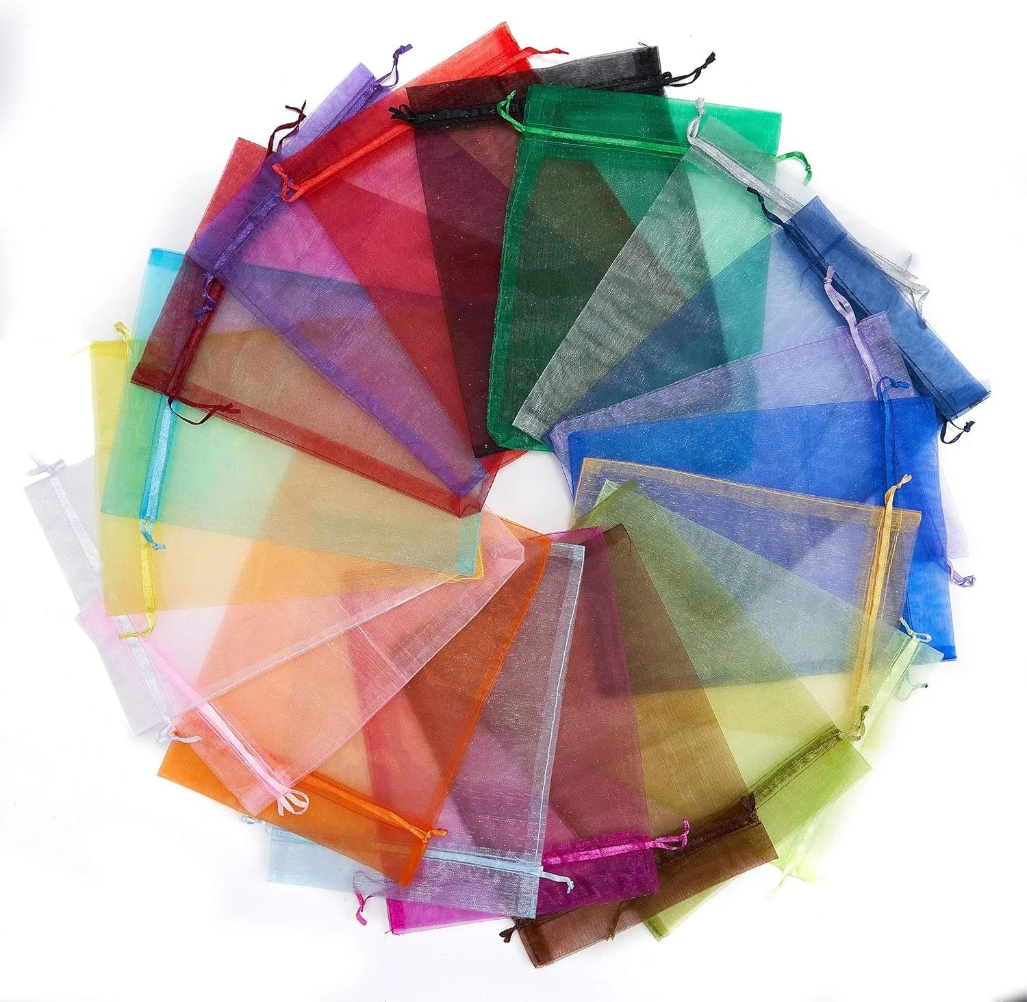 Multiple colorful mesh drawstring bags arranged in a circle with overlapping layers.