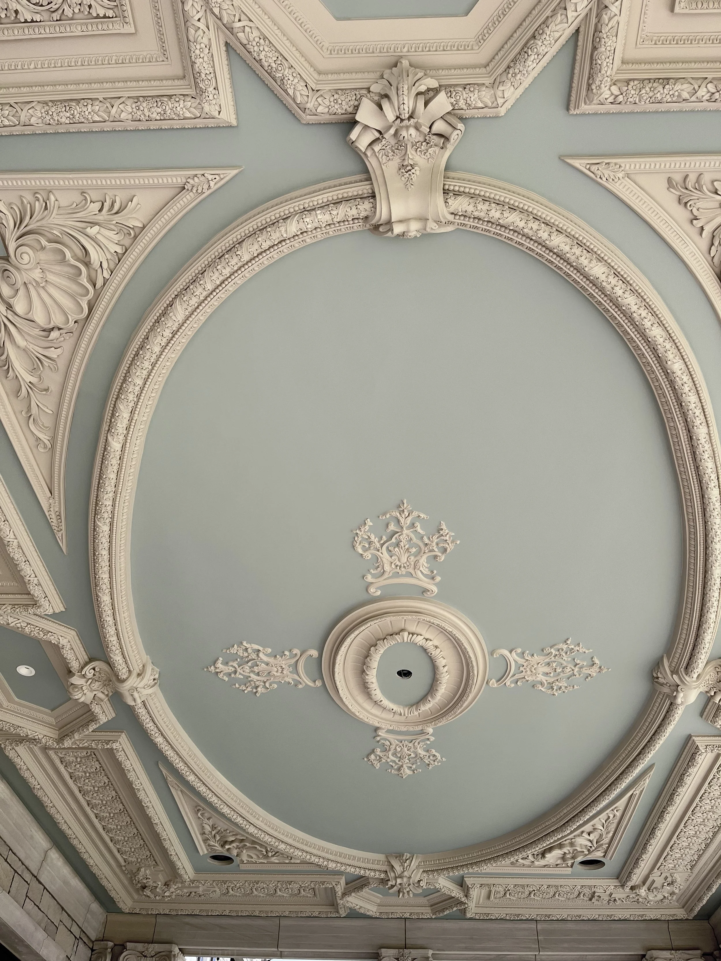 Decorative ceiling with intricate moldings and ornate plasterwork, painted in light blue and white.