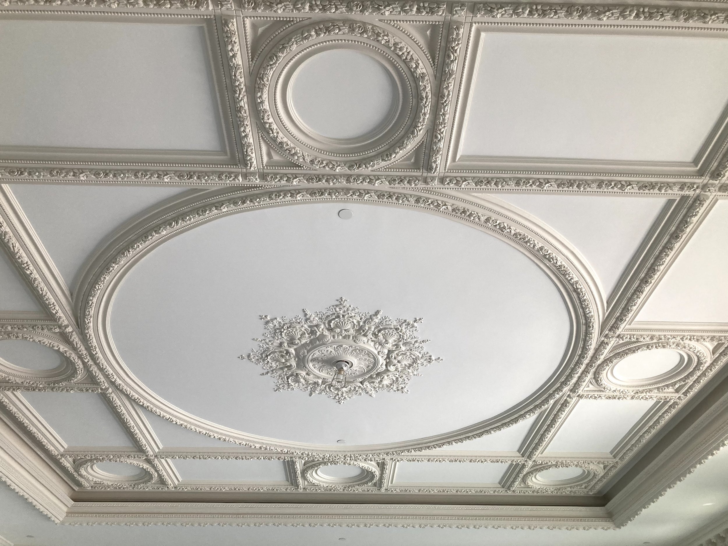 Intricate white ceiling with ornamental molding, floral and circular patterns, and decorative ceiling rose in the center.