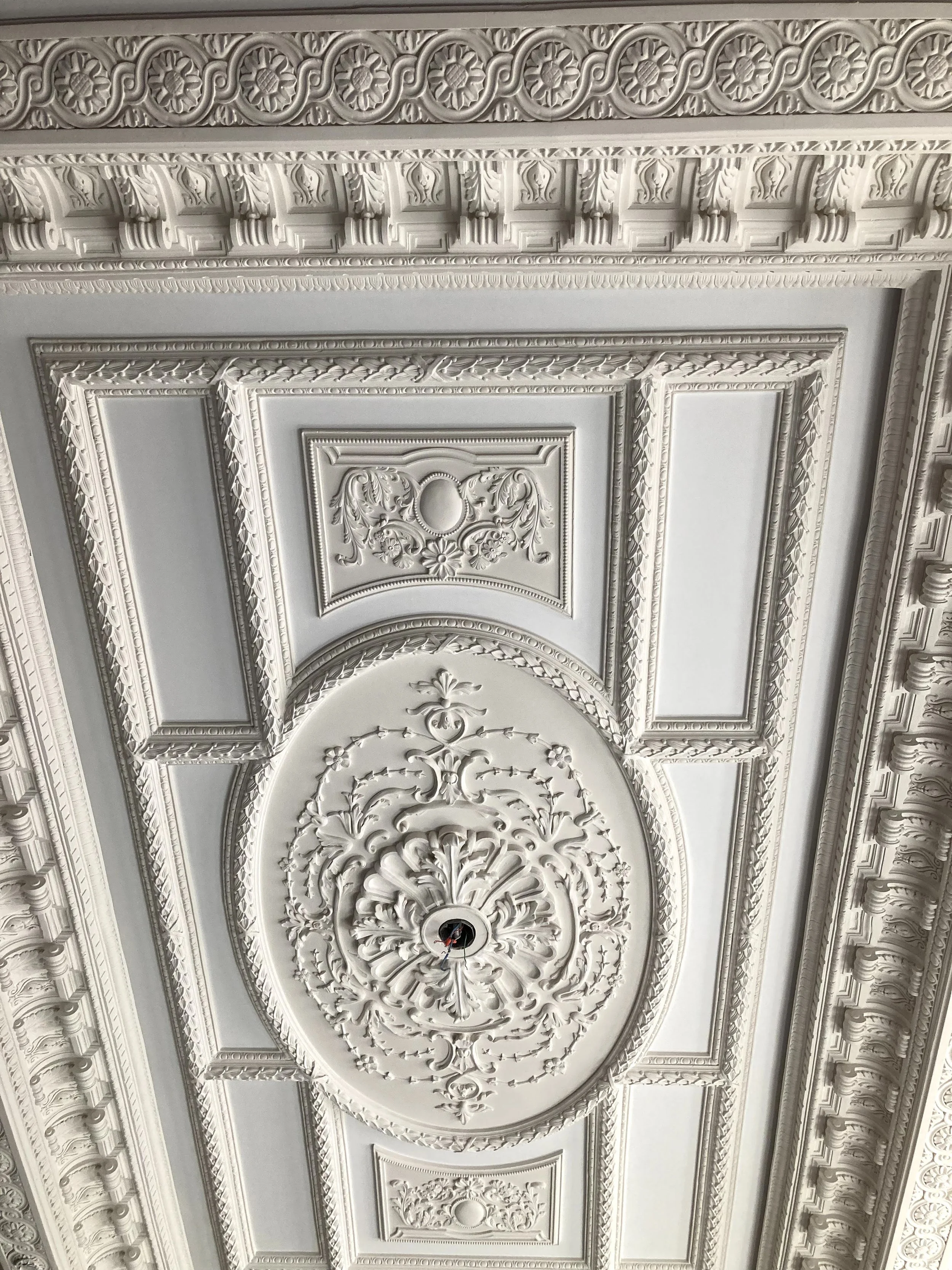Decorative ornate white ceiling with intricate floral and geometric plaster moldings, featuring a central circular design around a light fixture.