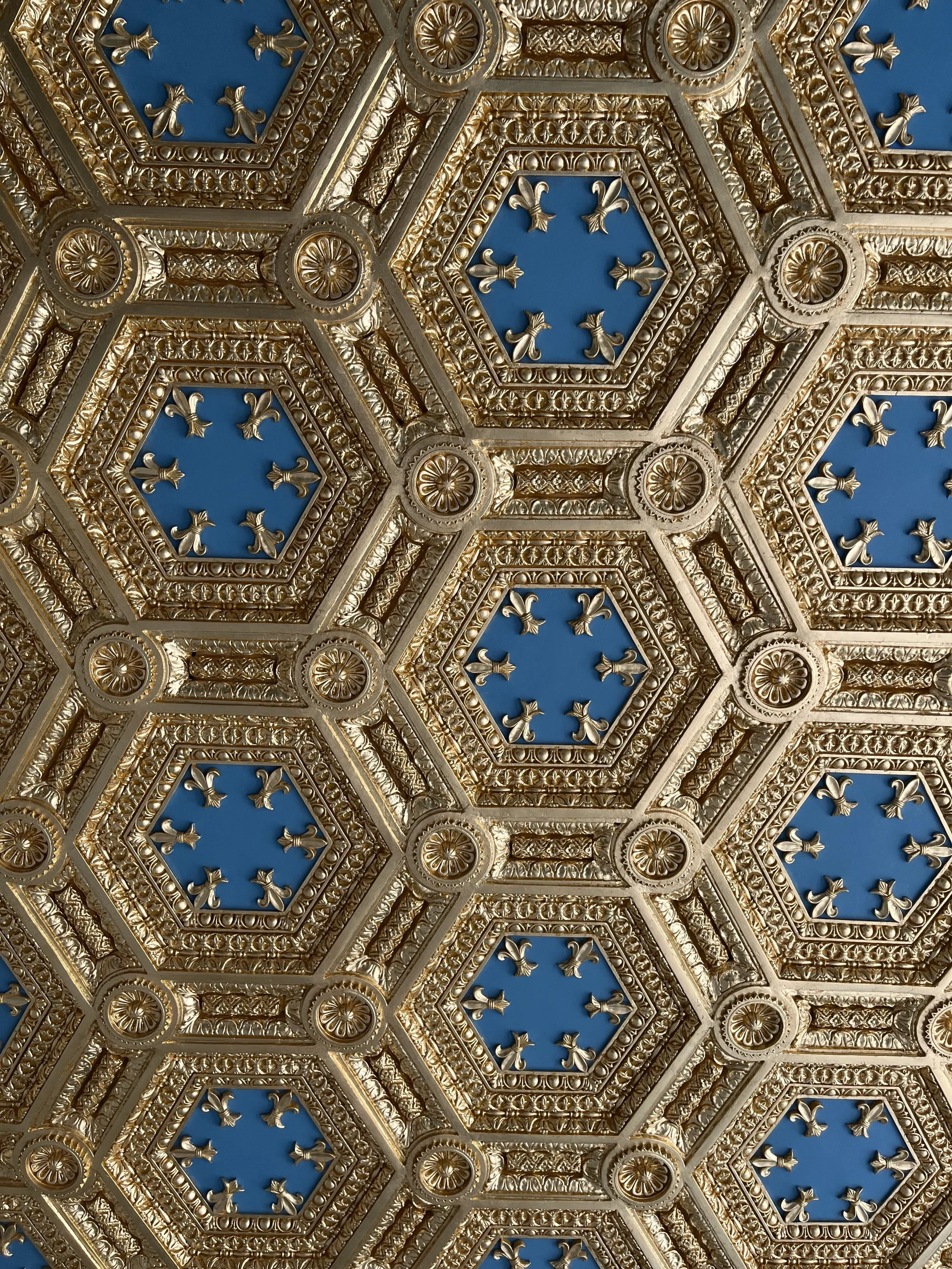 Ornate ceiling with gold embellishments, hexagonal panels with floral motifs, and blue backgrounds.