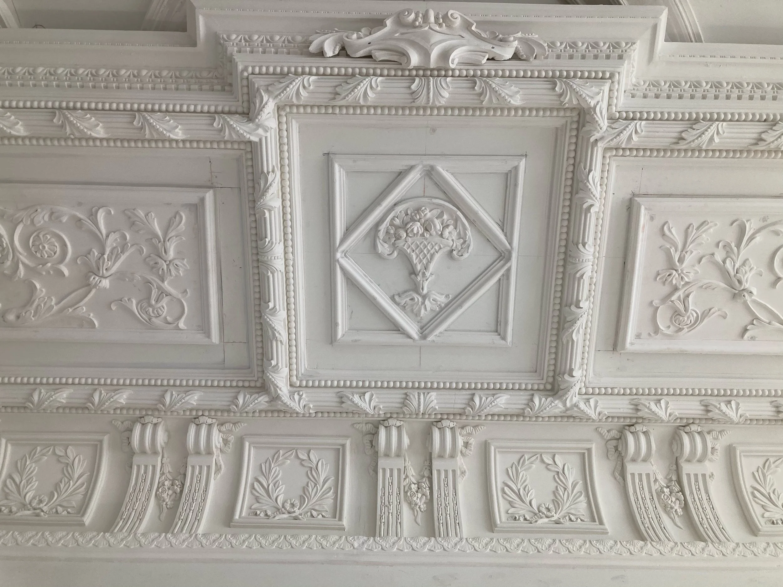 Ceiling with intricate white plaster moldings, ornate floral and leaf patterns, and decorative rectangular and diamond-shaped panels.