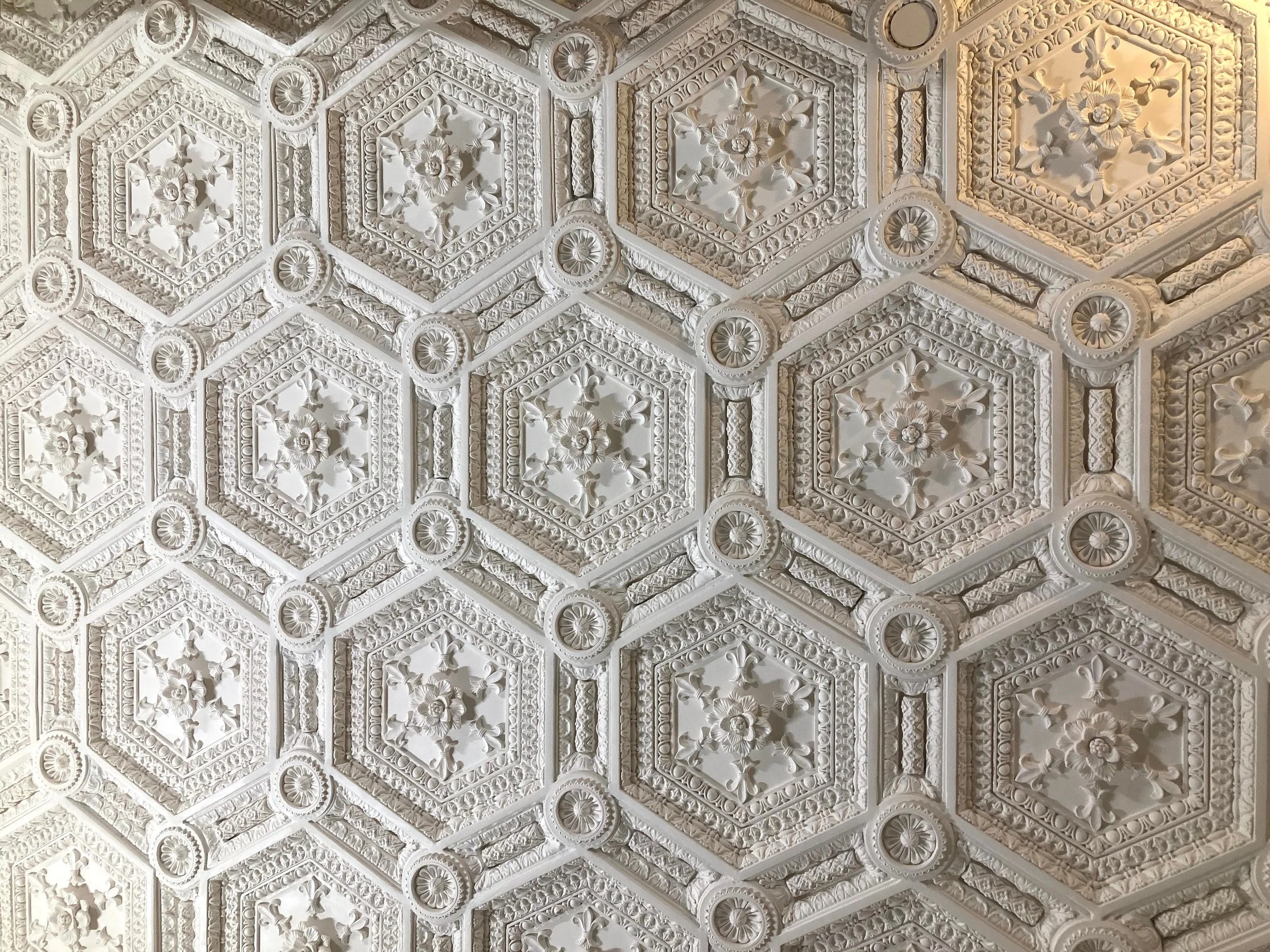 Ornate white ceiling with intricate geometric floral patterns and decorative moldings.