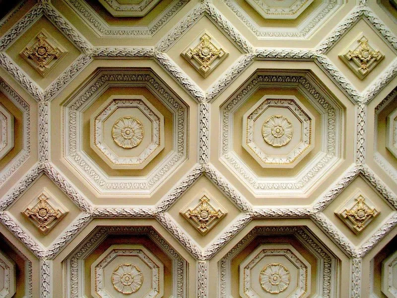 Ceiling with ornate, hexagonal, coffered designs featuring decorative rosettes and intricate molding details.