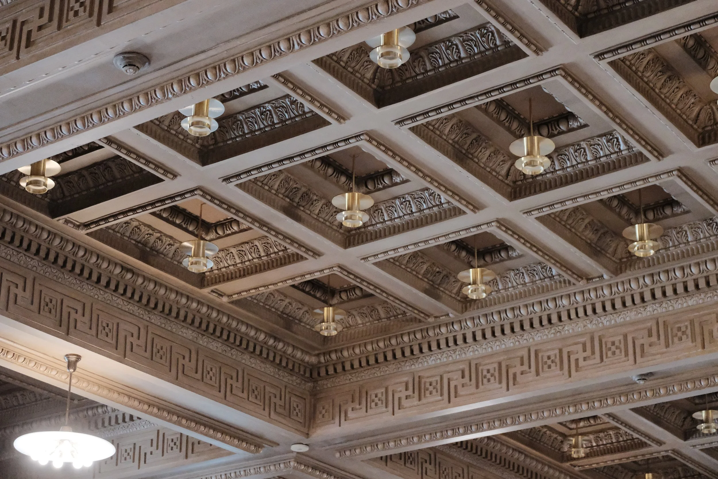 Ornate brown patterned ceiling with geometric designs, circular lights with brass accents, and crown molding.