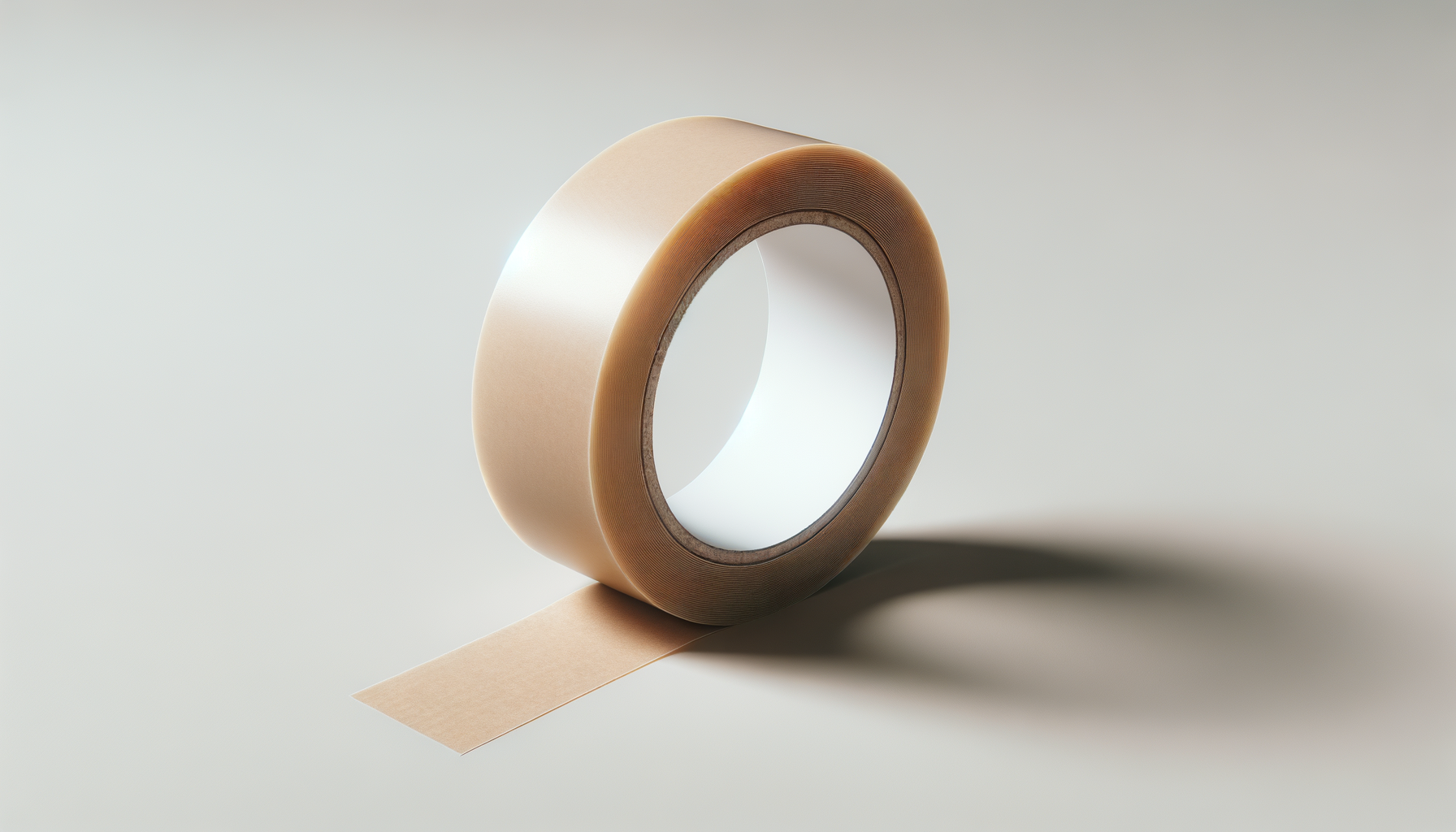 A roll of beige masking tape with a piece pulled off and lying flat on a plain light gray background.