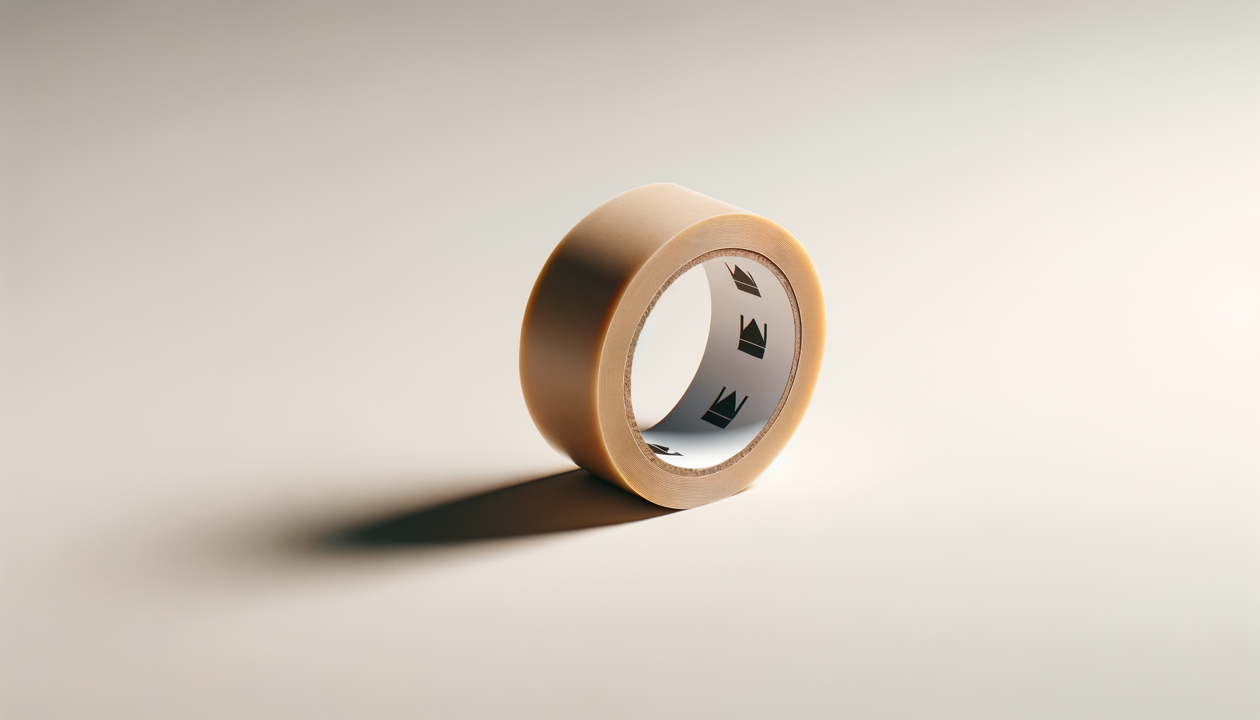 A roll of masking tape with a brown exterior and a white interior, sitting on a smooth light surface, casting a shadow to the left.