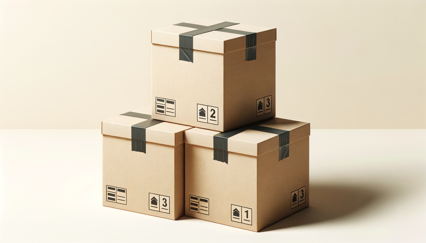 Three cardboard boxes stacked in a pyramid shape, with labels indicating handling instructions, on a white surface with a beige background.