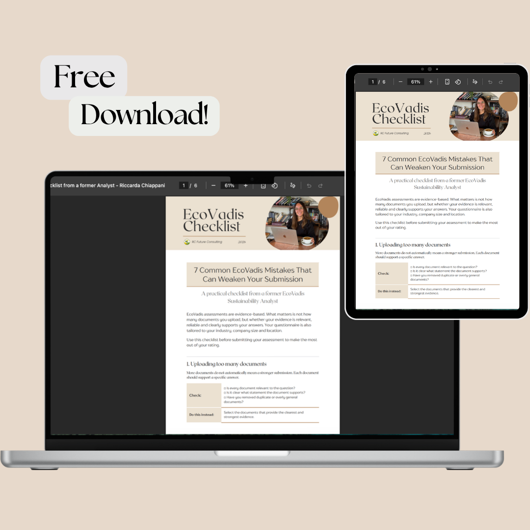 Preview of the Ecovadis Checklist - a practical checklist from a former Ecovadis Sustainability Analyst helping companies prepare for the EcoVadis assessment rating